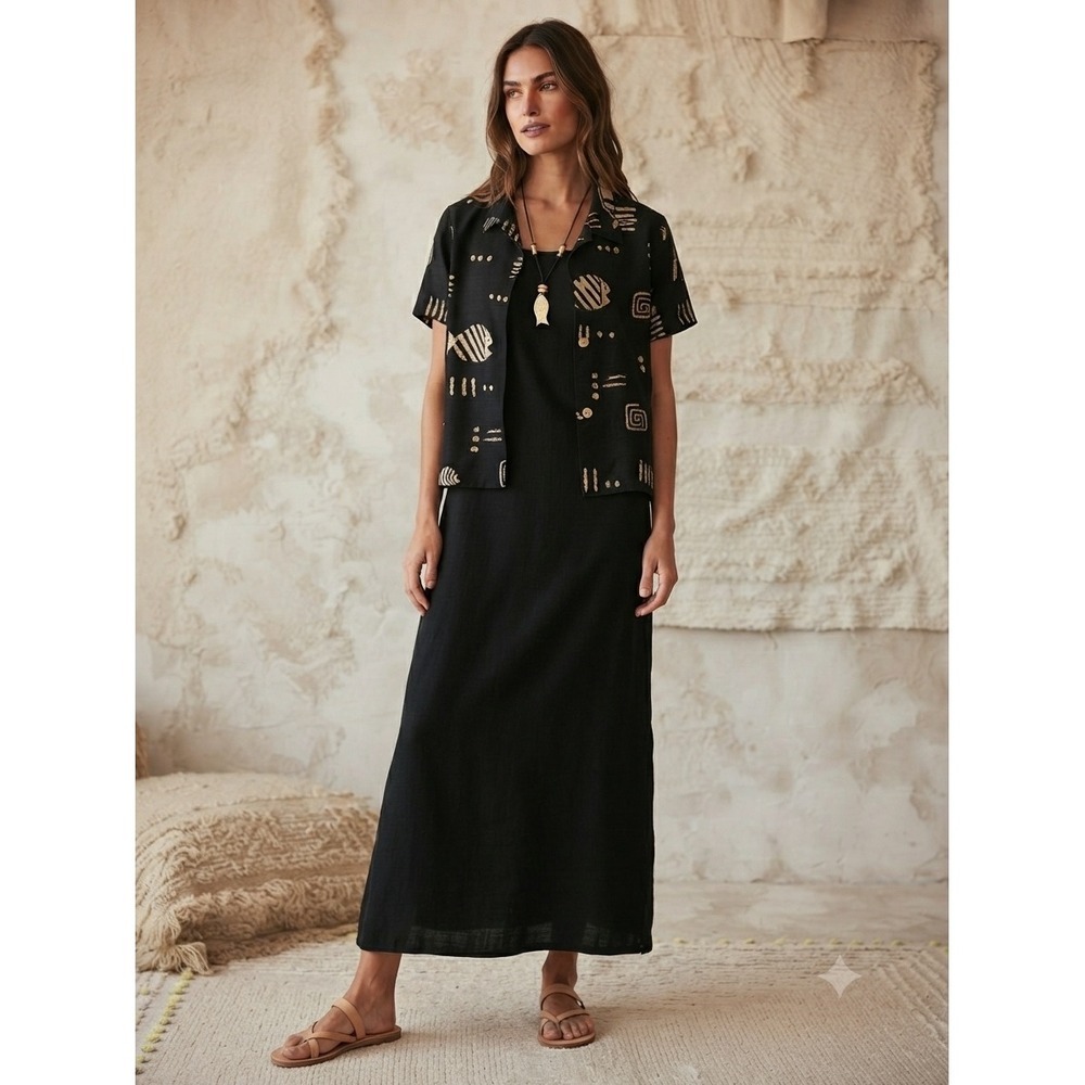 Teddi Dresses vtg Black 2 Piece Maxi Dress Shirt Set Fish Print Tribal Rayon L